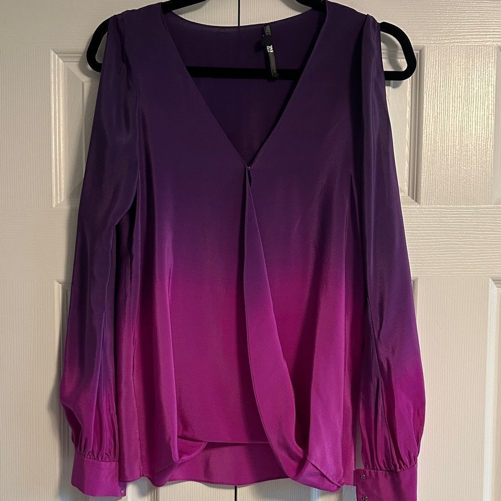 JayGodfrey Purple and Pink Ombre V Neck Open Arm Silk Blouse Size 2